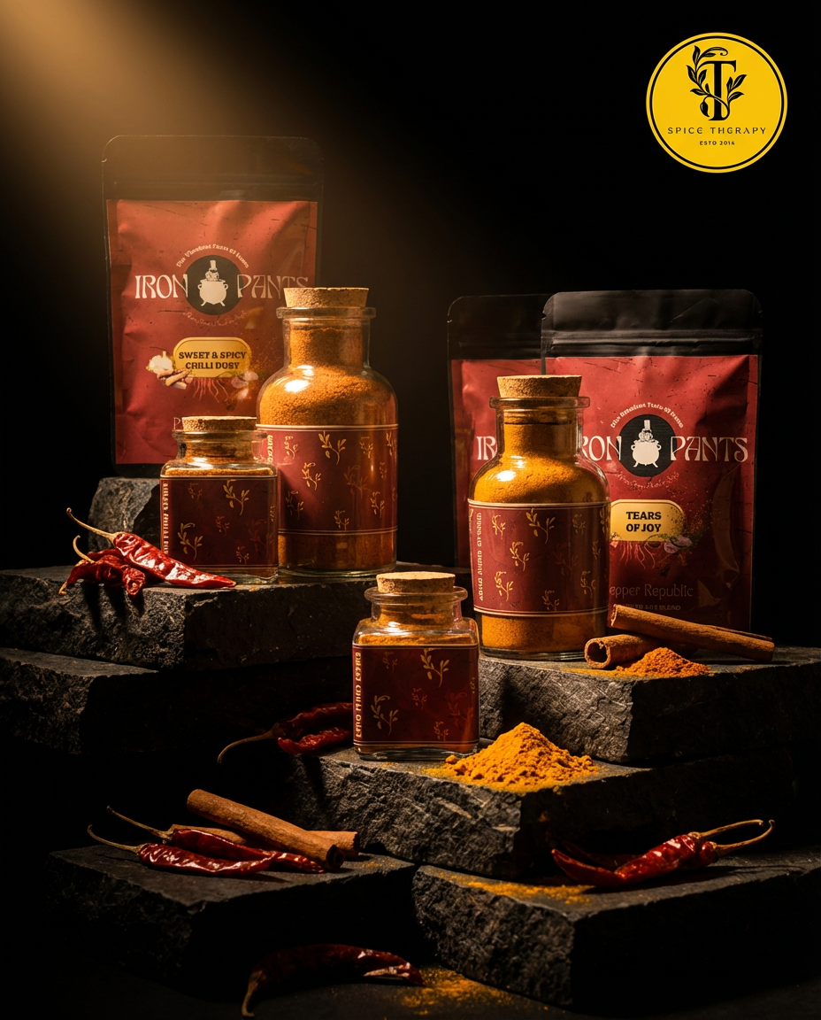 Assorted ground spices, spice mixes, and spice blends displayed in jars and bowls