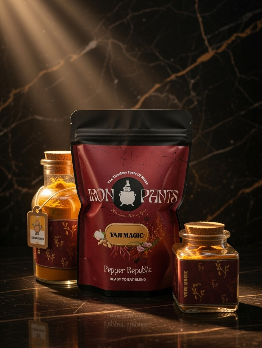 Red pepper product packaging with 'Iron Pants' branding on a dark marble background