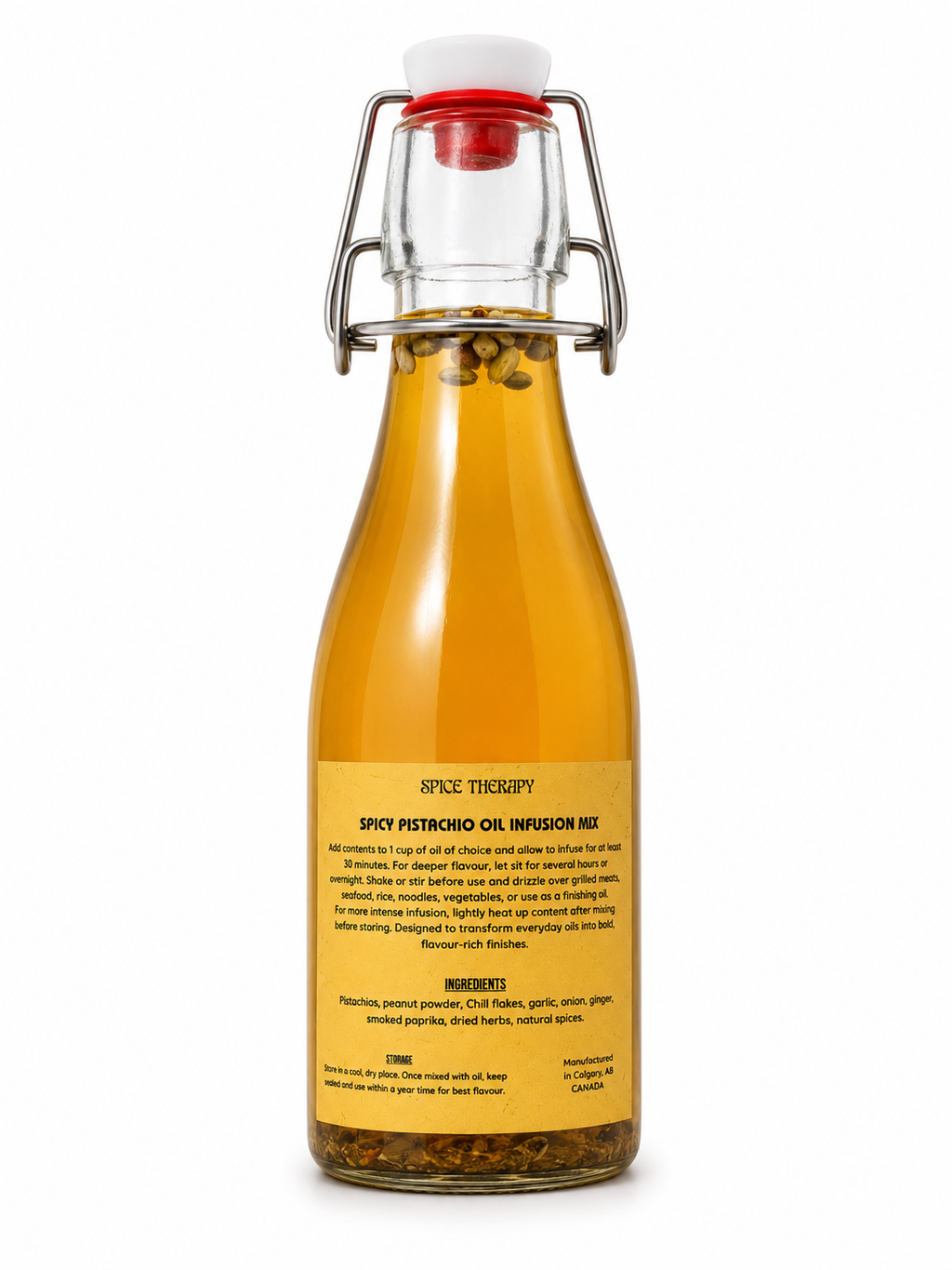 Bottle of Spicy Pistachio Oil Infusion Mix with a white cap on a white background