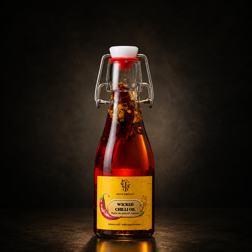 Bottle of chilli oil with a label on a dark background