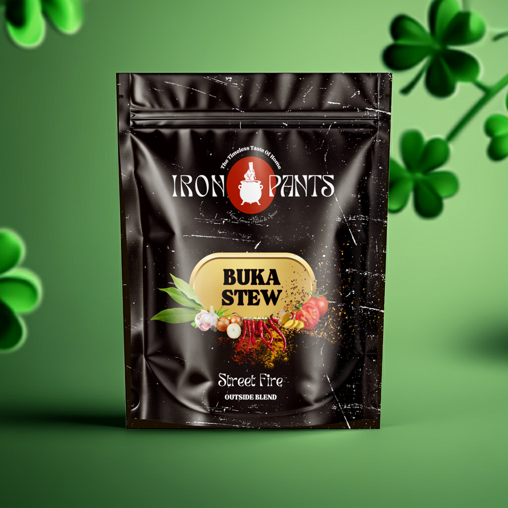 Black package of Iron Pants Buka Stew with a green background