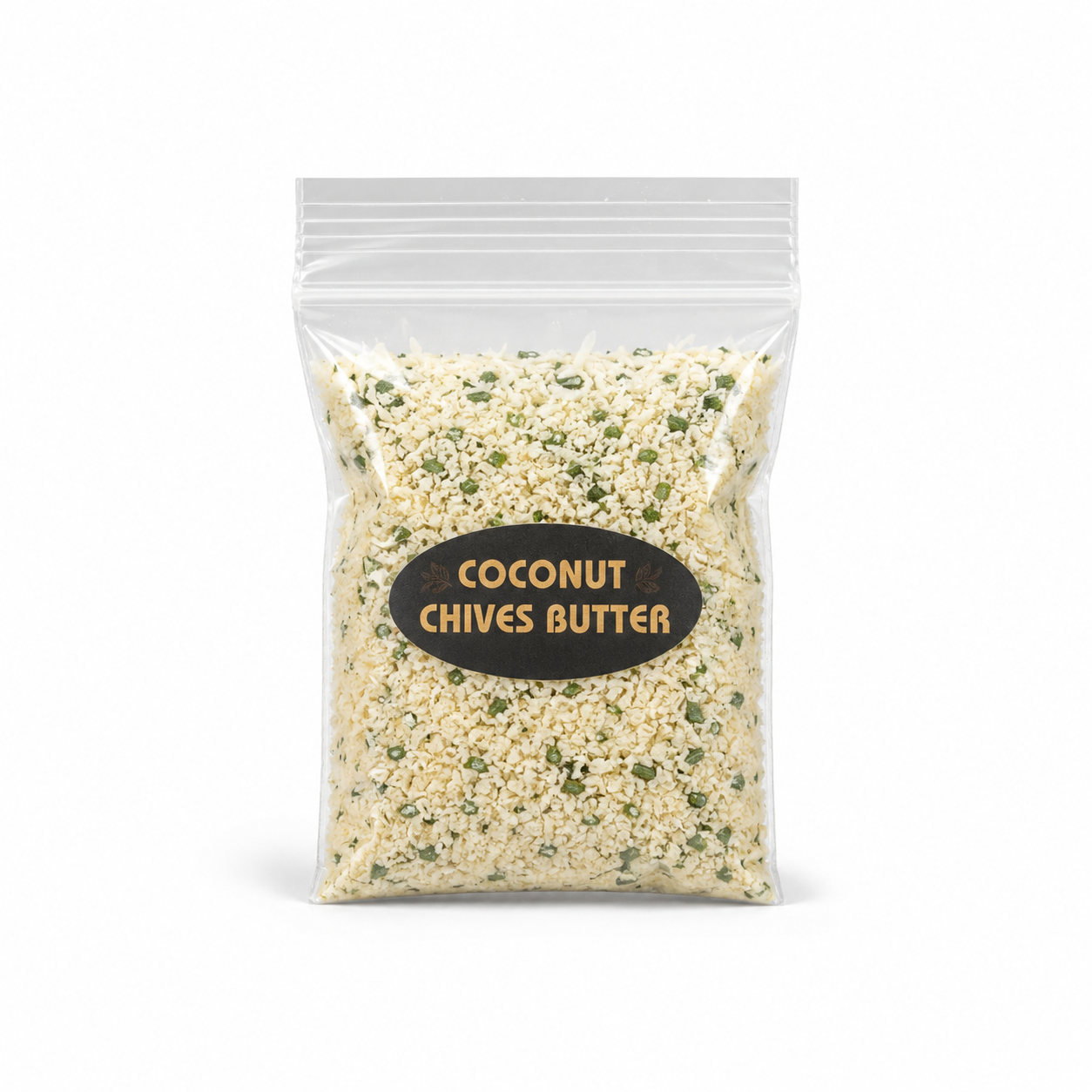 Packaged coconut chives butter with a clear label on a white background