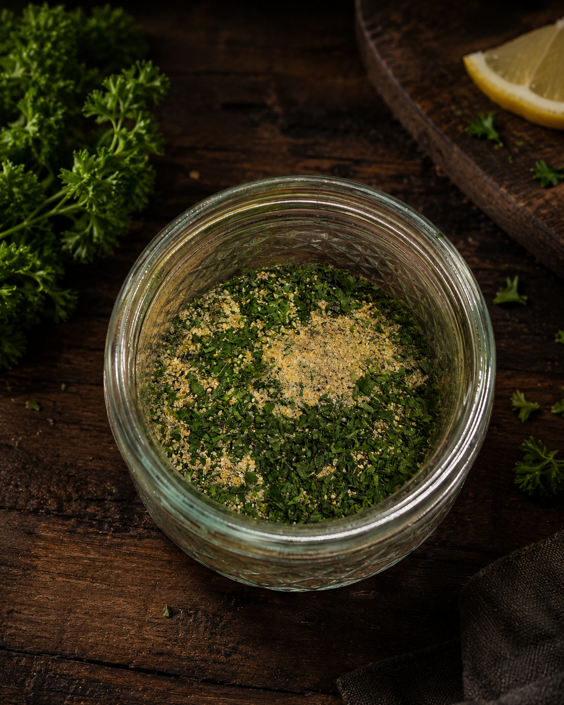 Herb seasoning in a glass jar on a wooden surface with parsley and lemon slices.