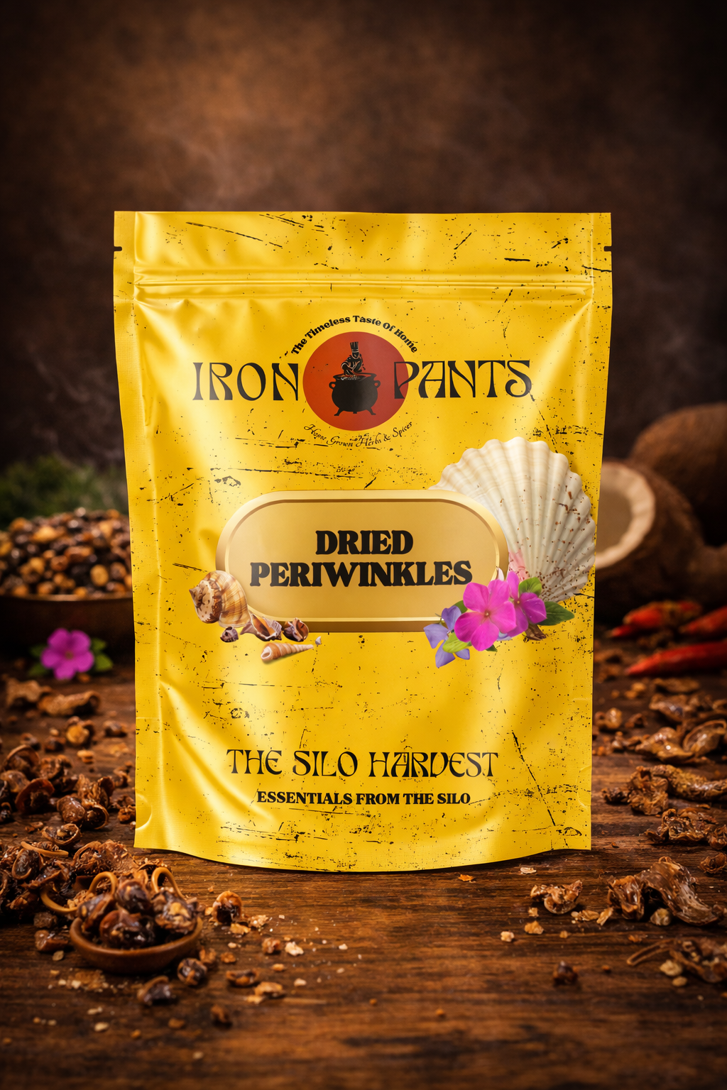 Yellow package of Iron Pants Dried Periwinkles on a wooden surface with dried periwinkles around.