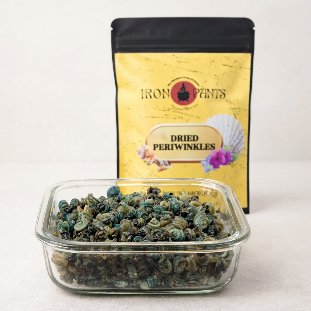 Glass container of dried periwinkles with Iron Pants packaging on a white background