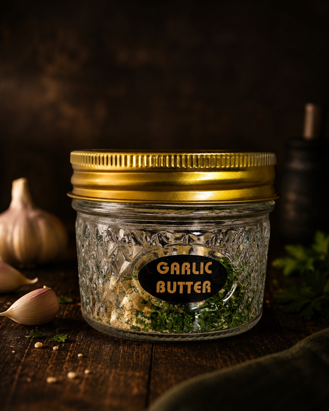 Jar of garlic butter with a gold lid on a wooden surface, surrounded by garlic bulbs.
