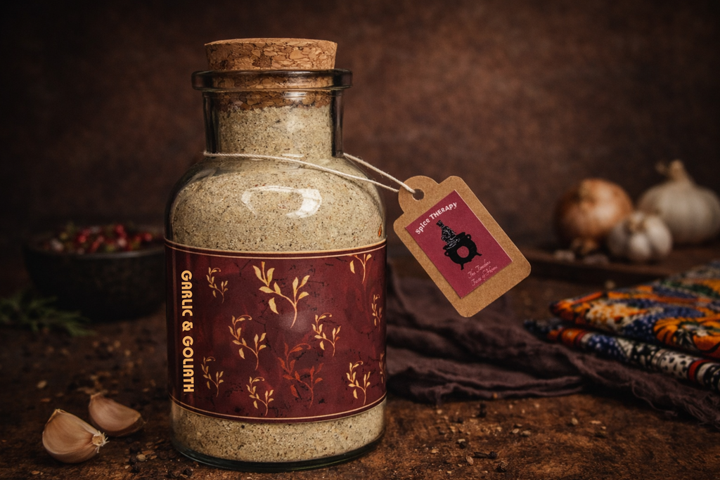 Jar of garlic and onion powder with a label on a rustic background