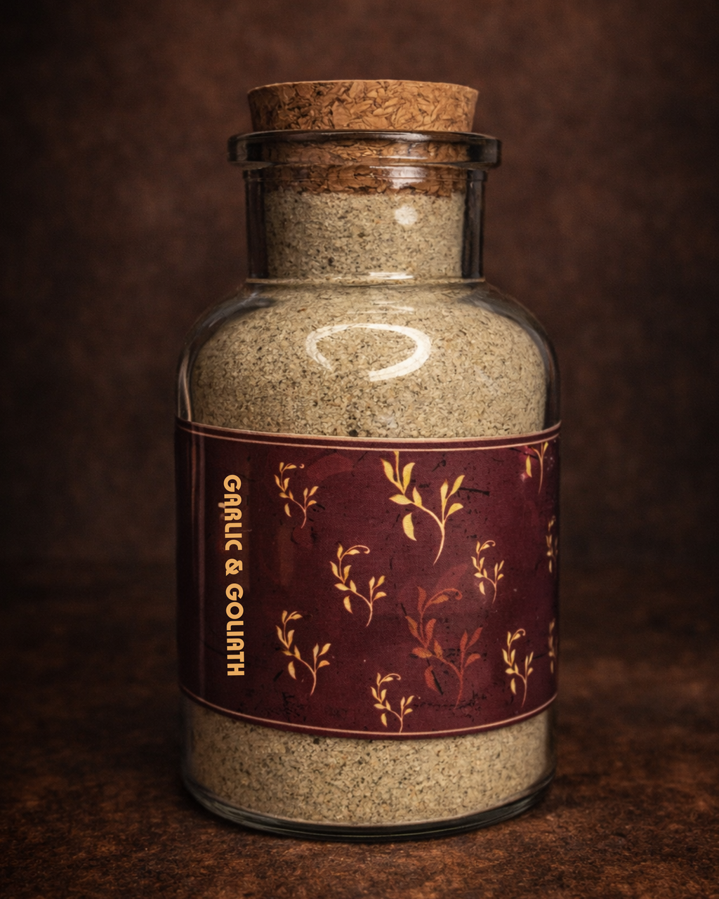 Vintage-style glass jar with cork lid and decorative label on a dark background
