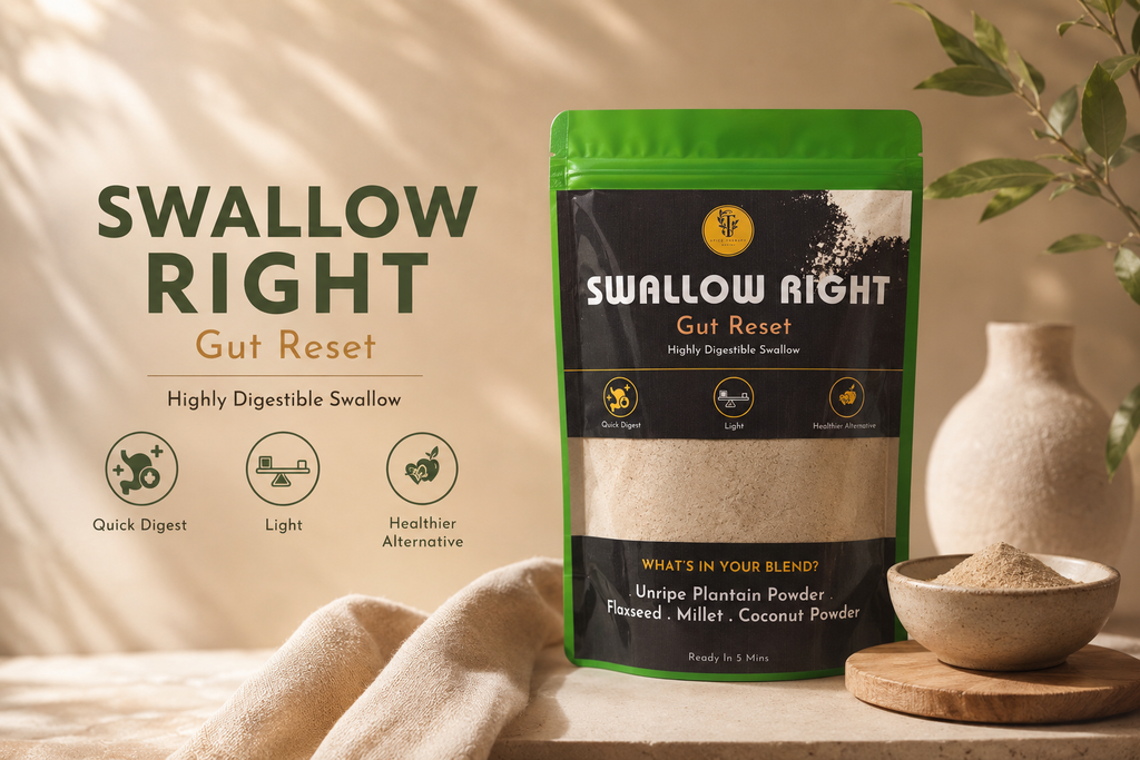 Package of 'Swallow Right' Gut Reset product on a wooden surface with a neutral background