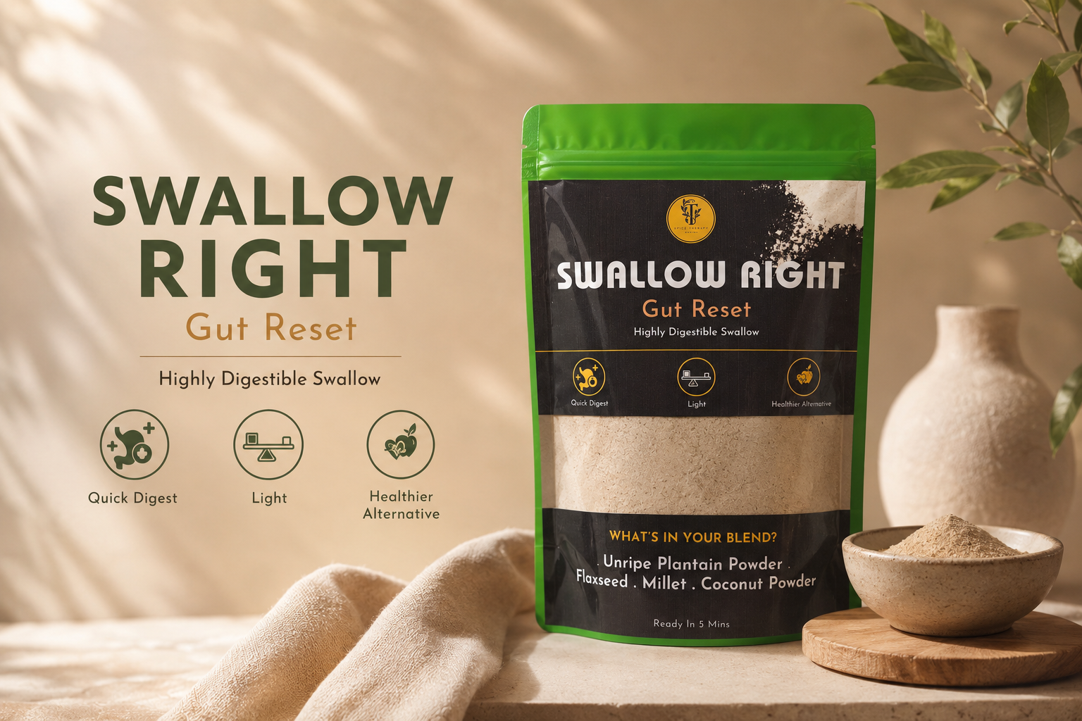 Package of 'Swallow Right' Gut Reset product on a wooden surface with a neutral background