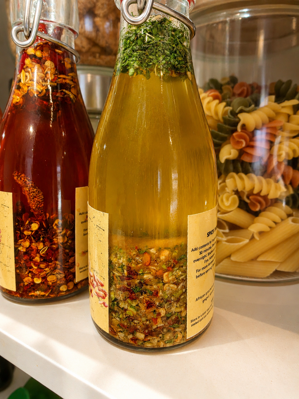 Two glass bottles with herbs and spices on a shelf with pasta in the background