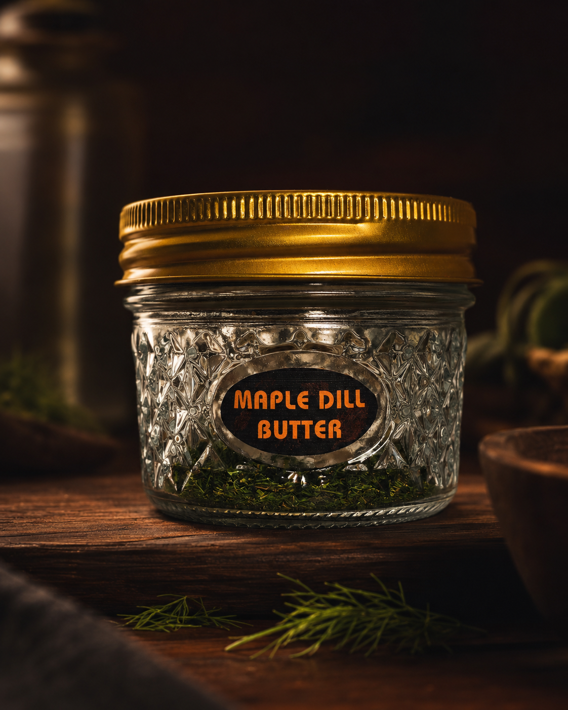 Jar of Maple Dill Butter with a gold lid on a wooden surface