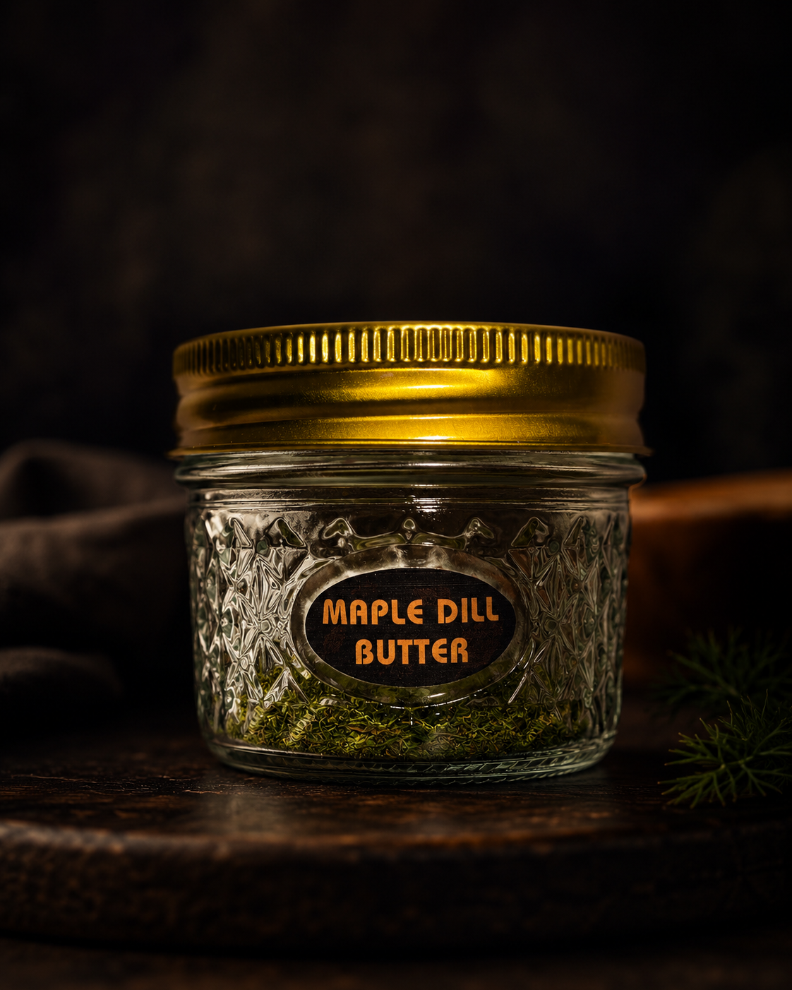 Jar of maple dill butter with a gold lid on a dark background