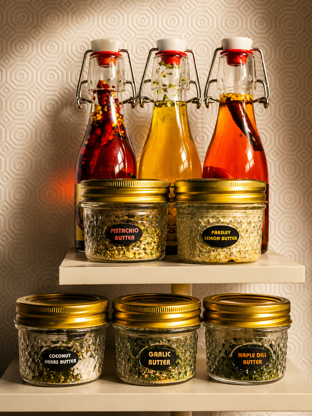 Collection of glass jars with gold lids containing various butters on a white shelf against a patterned wall.