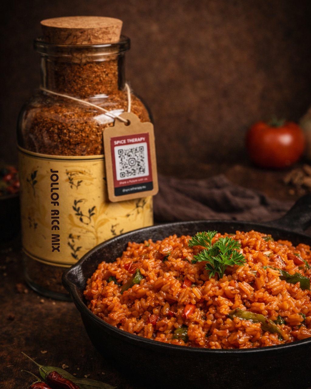 Spice jar of Jollof Spice with a tag next to a bowl of food on a dark background