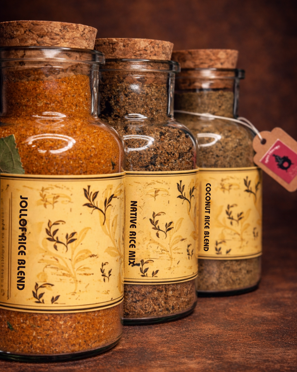 Spice jars with labels on a wooden surface