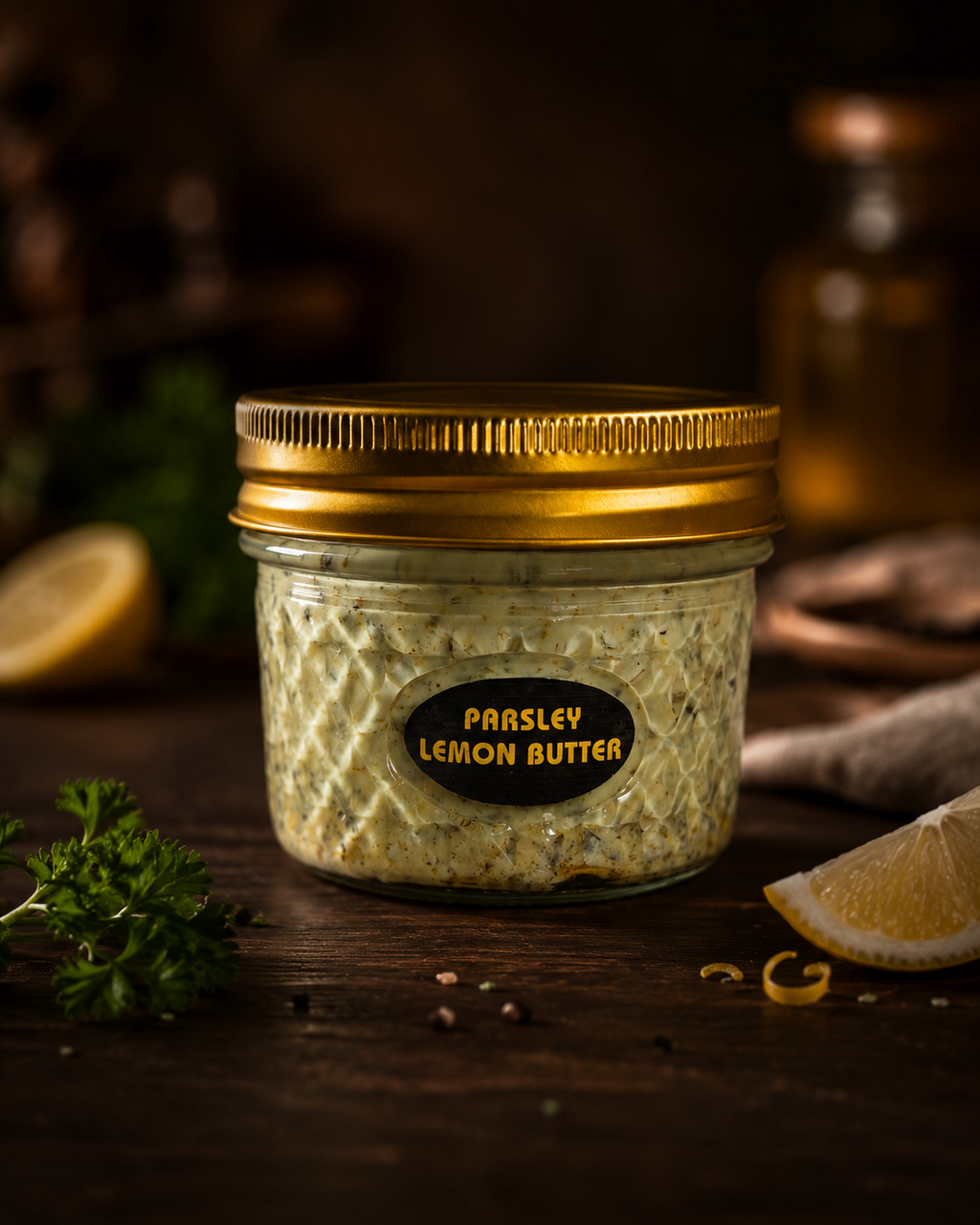 Jar of parsley lemon butter on a wooden surface with lemons and herbs.
