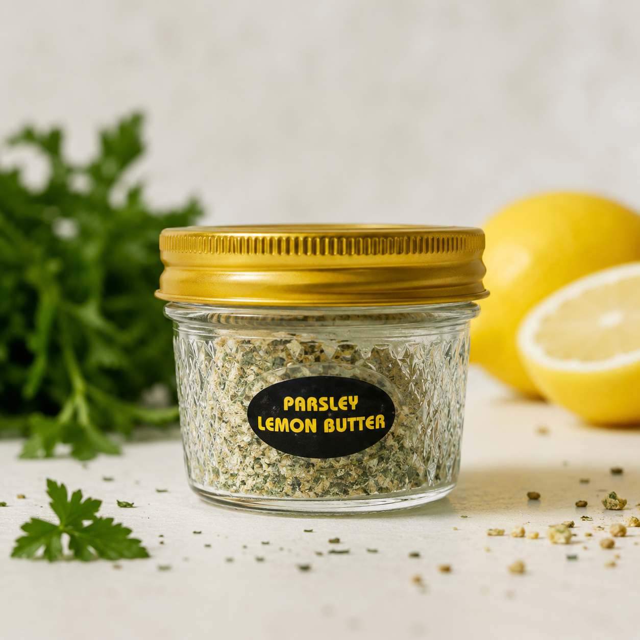 Jar of parsley lemon butter with a gold lid on a light surface with lemons and parsley in the background.