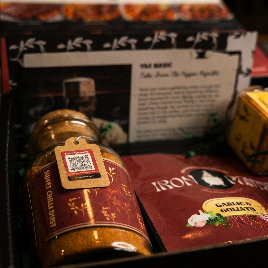 Bottle of sweet chilli dust with a visible QR code tag, surrounded by other products.