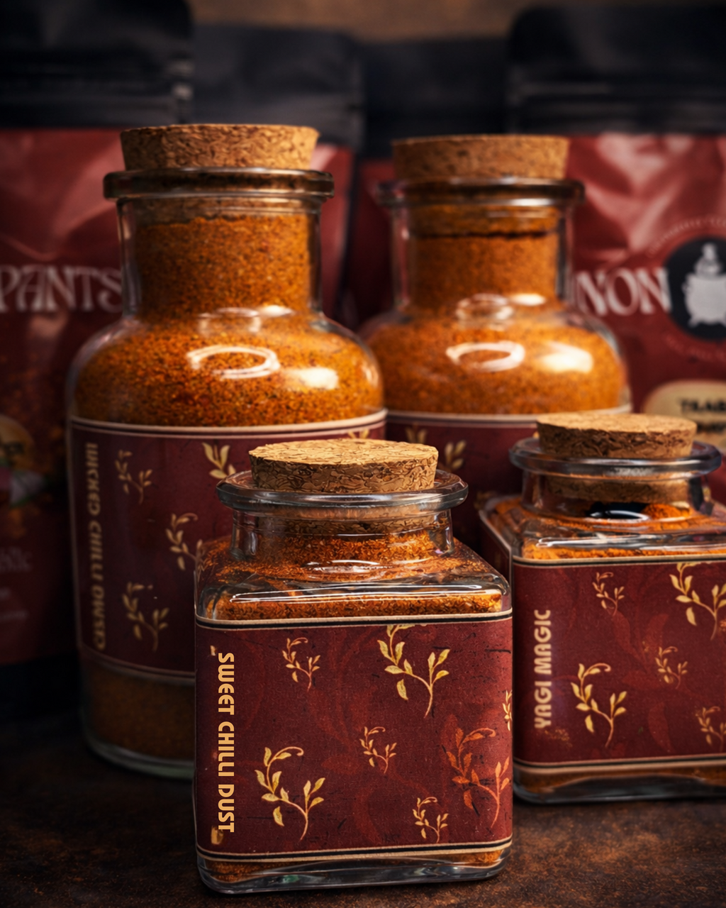 Jars of spices with decorative labels on a dark background