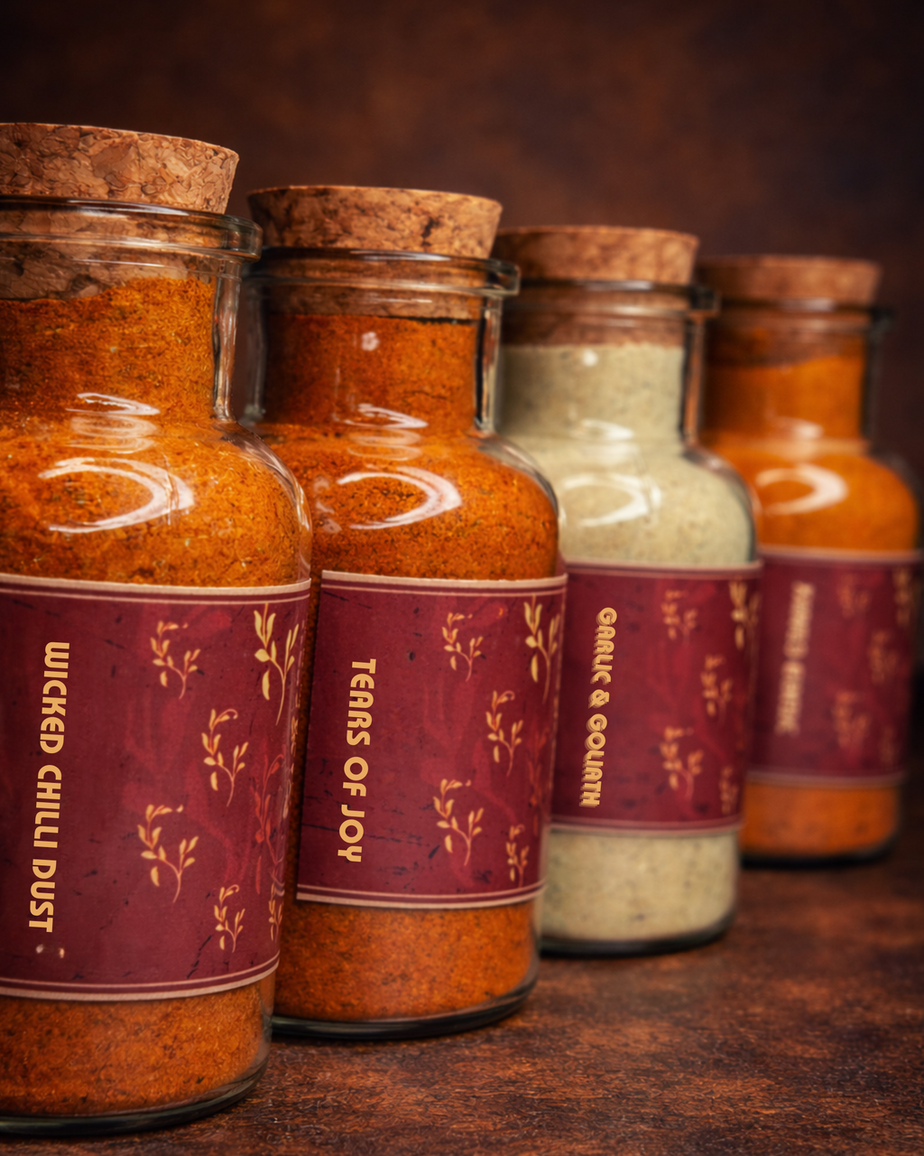 Set of spice bottles with labels on a wooden surface