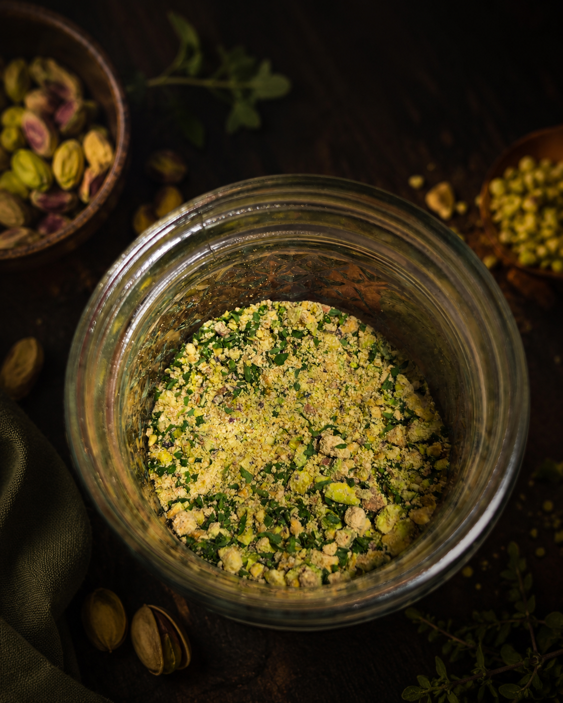 Jar of green spice mix on a dark background