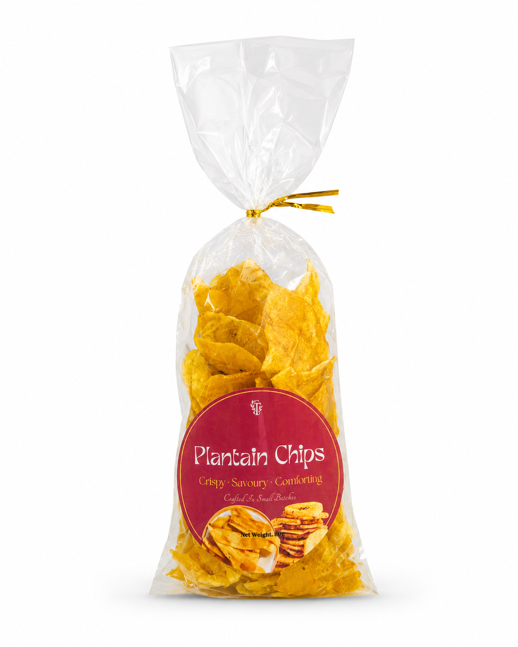 Bag of plantain chips with a red label on a white background