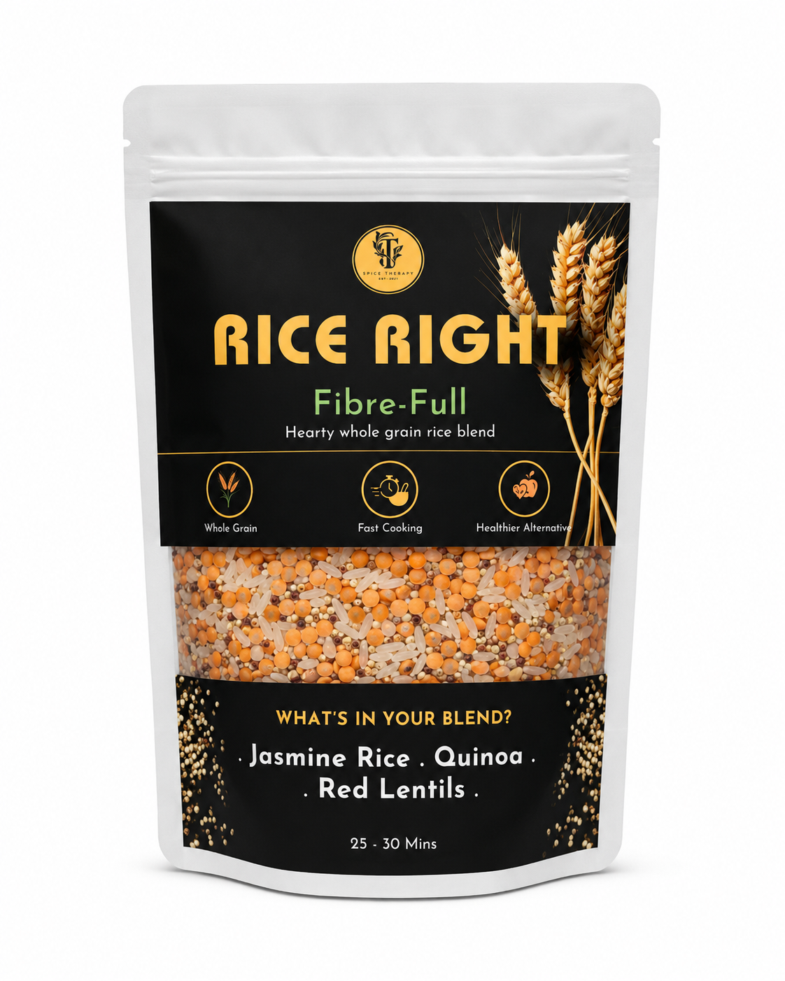 Rice Right Fibre-Full package with rice, quinoa, and red lentils on a white background