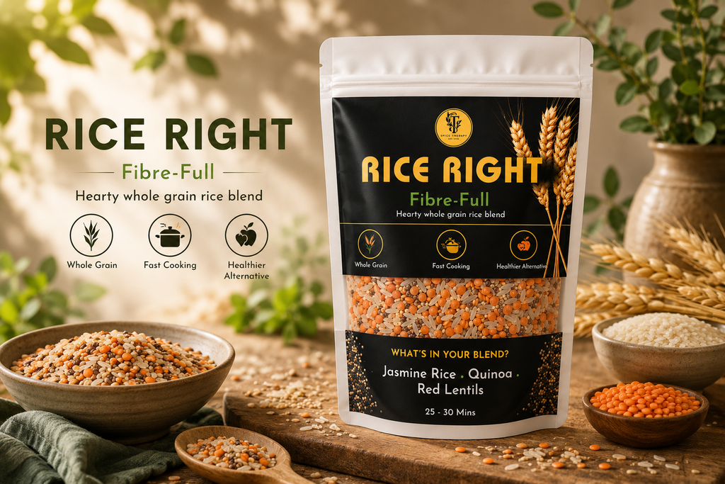 Rice Right Fibre-Full rice blend packaging with ingredients displayed on a wooden table.