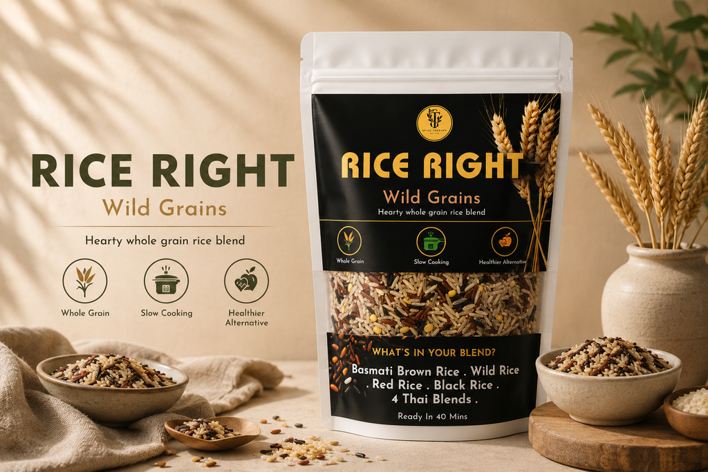 Rice Right wild grains packaging with rice and grains on a wooden surface
