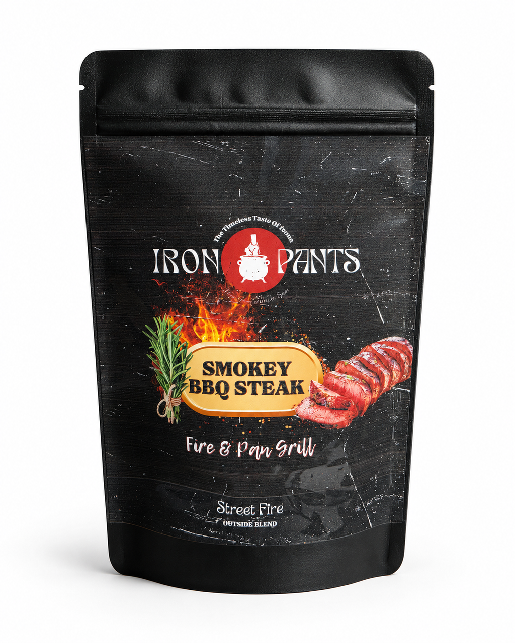 Iron Pants Smokey BBQ Steak – Fire & Pan Grill Street Fire Outside Blend, 100g resealable pouch