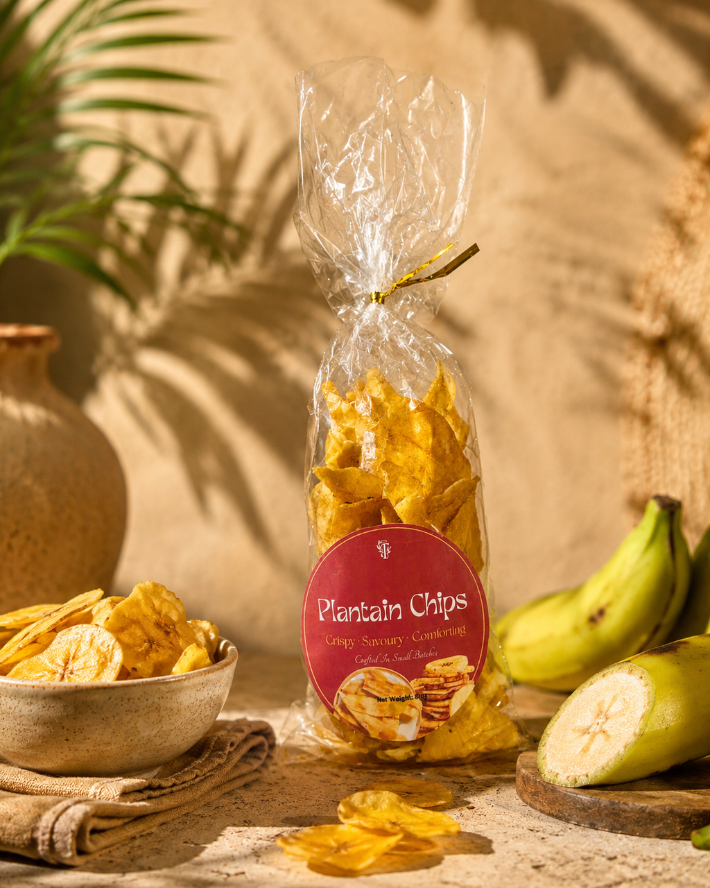 Packaged plantain chips with a bowl of chips and green bananas on a wooden surface.