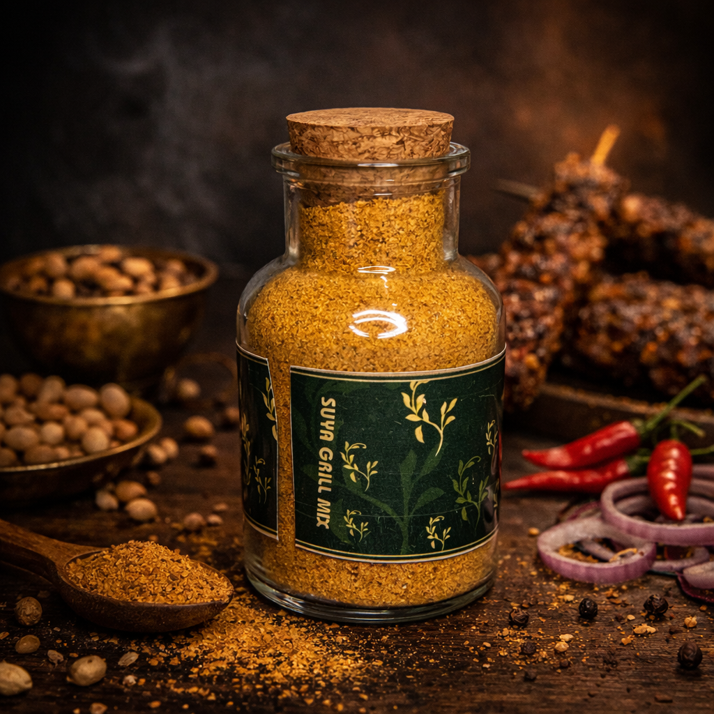 Glass jar of Suya Grill Mix with spices and ingredients on a dark background
