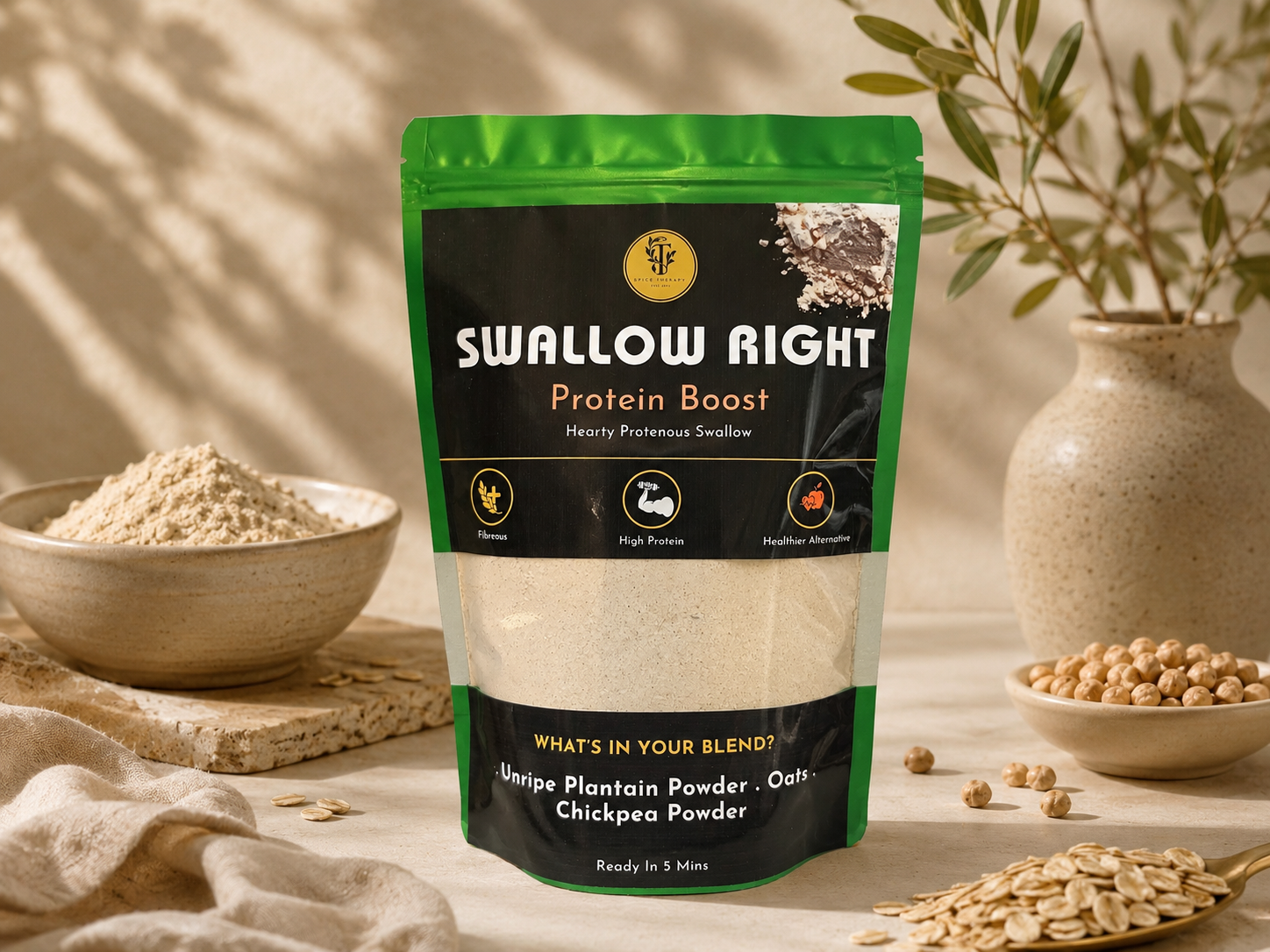 Package of Swallow Right Protein Boost with ingredients on a wooden surface