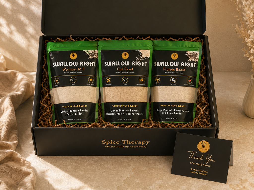 Box of 'Swallow Right' wellness products with a 'Spice Therapy' card on a neutral background