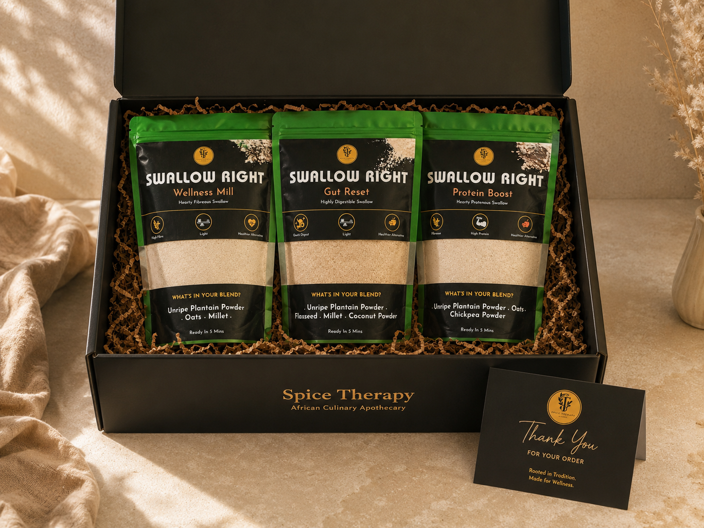 Box of 'Swallow Right' wellness products with a 'Spice Therapy' card on a neutral background