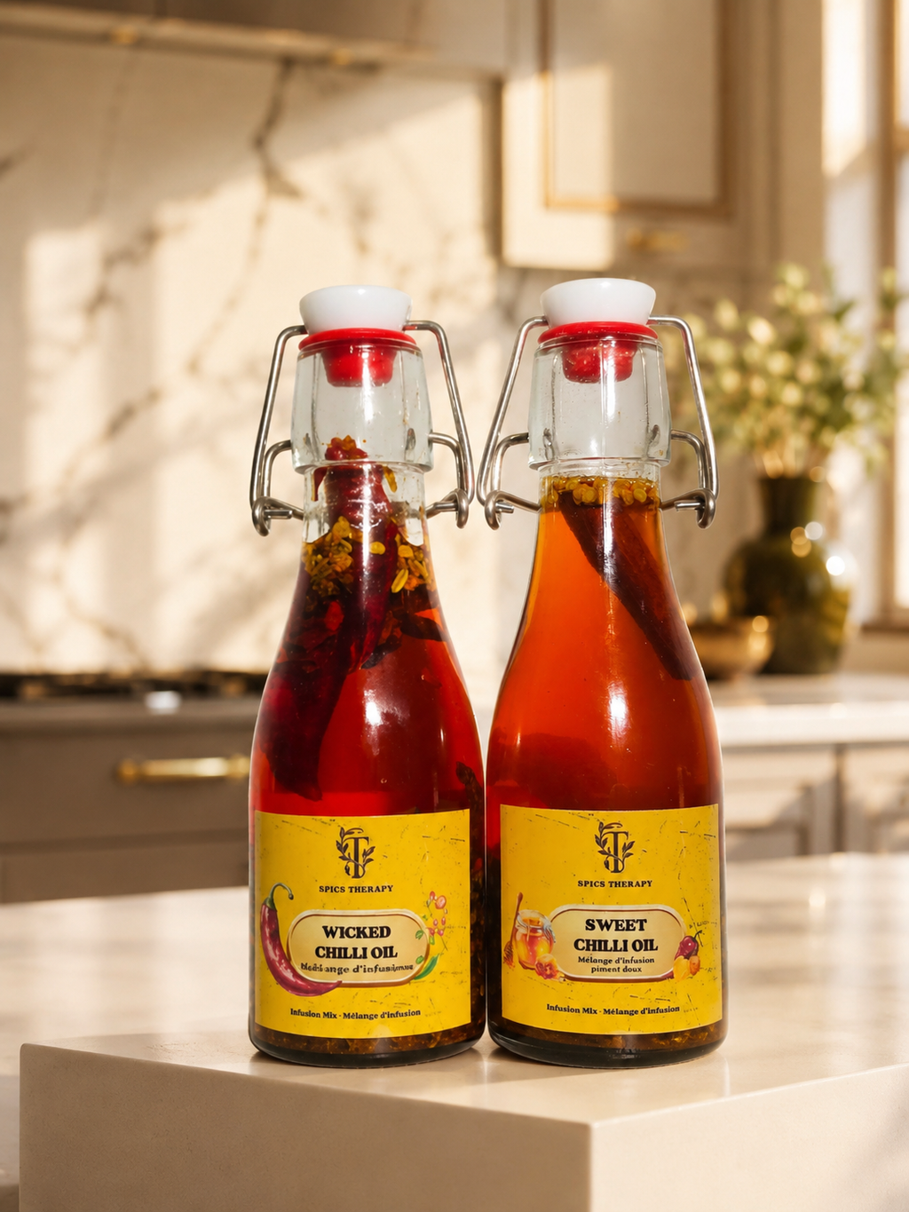 Two bottles of Wicked Chilli Oil and Sweet Chilli Oil on a kitchen counter.
