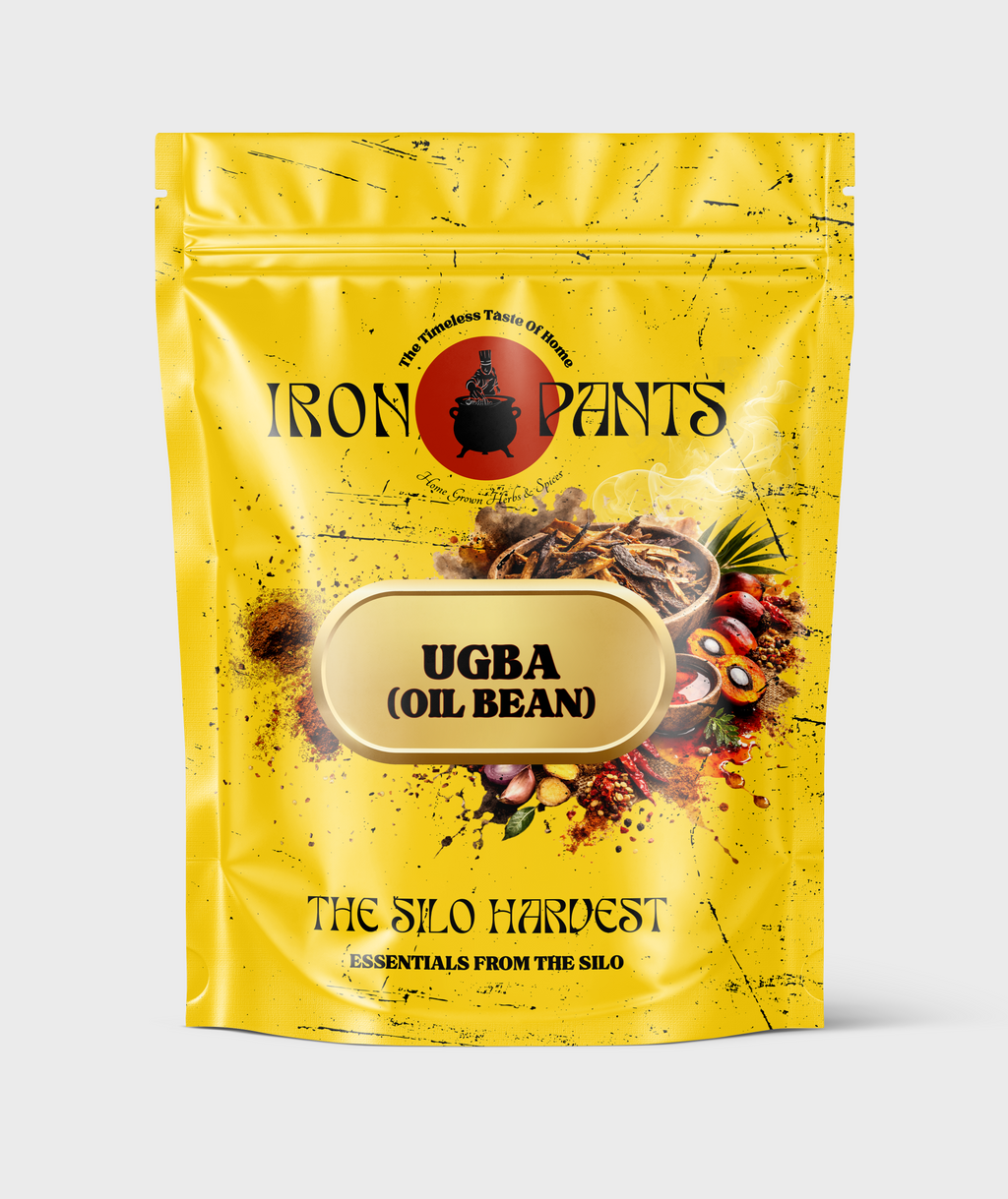 Yellow package of Iron Pants Ugba (Oil Bean) on a white background