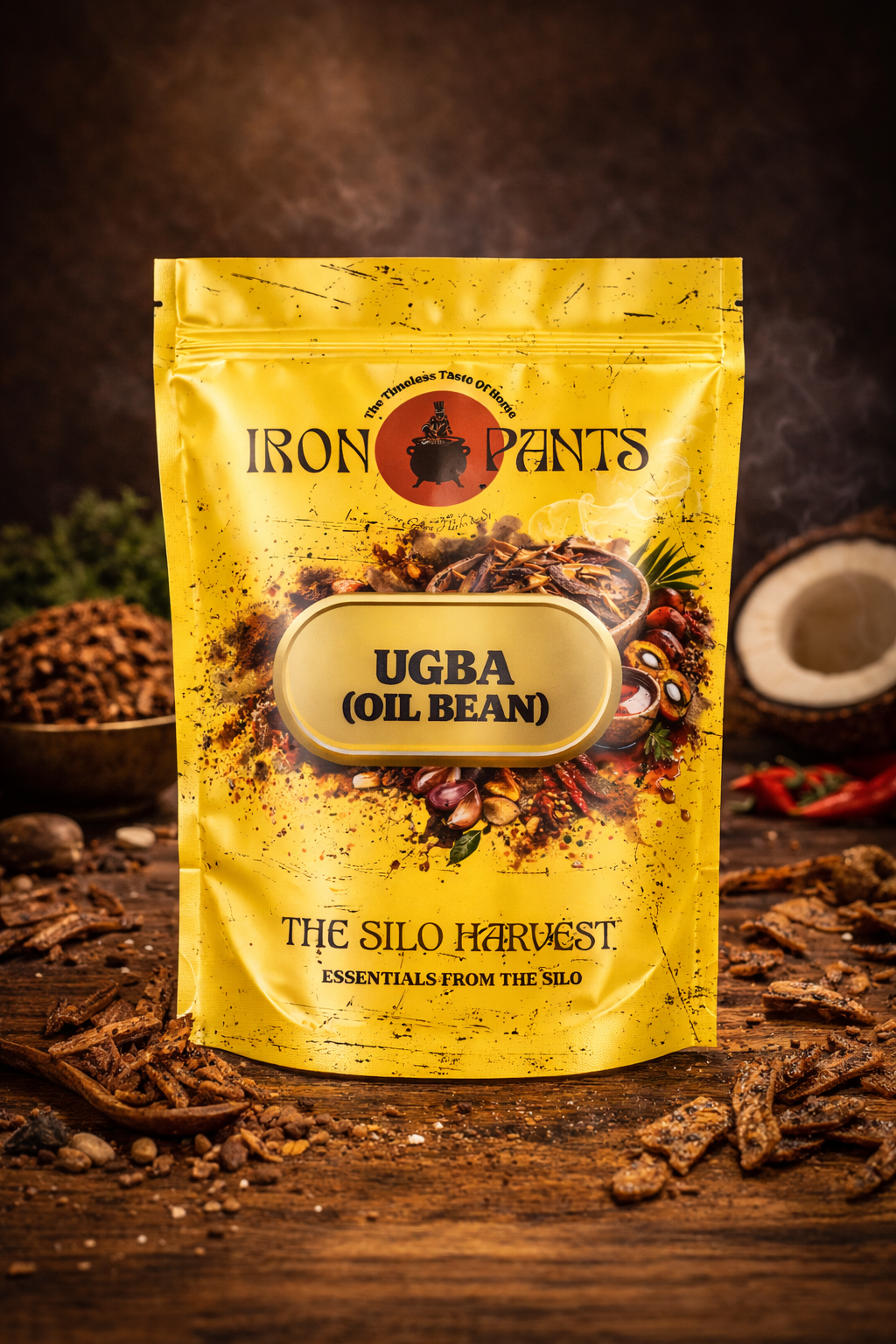 Yellow package of Iron Pants Ugba Oil Bean on a rustic background