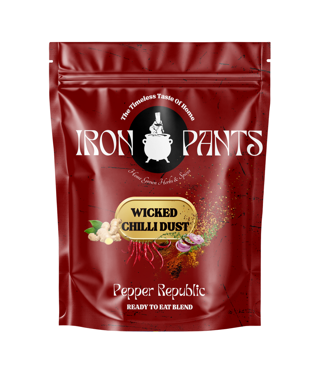 Red package of Iron Pants Wicked Chilli Dust on a white background