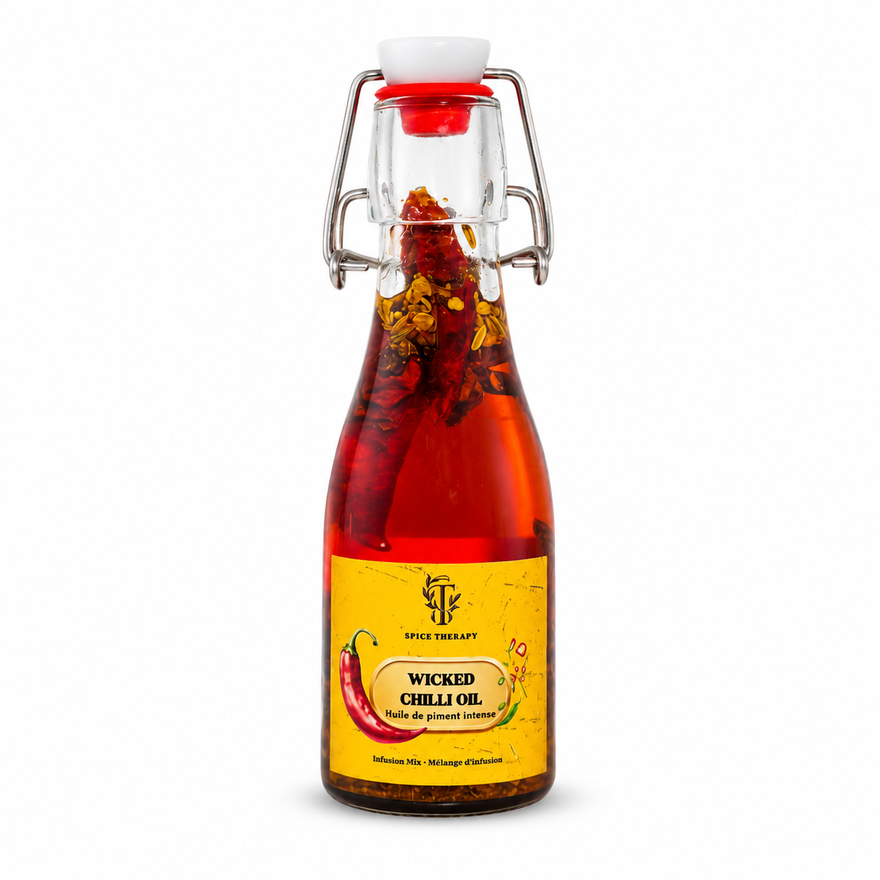 Bottle of Wicked Chilli Oil with a yellow label on a white background