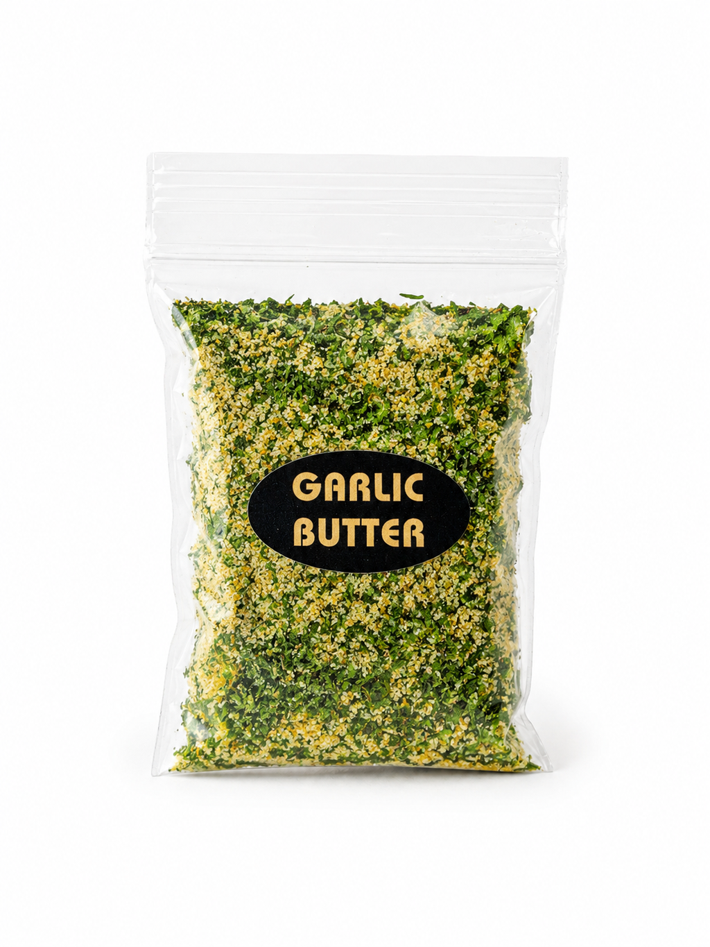 Packaged garlic butter with a clear front on a white background