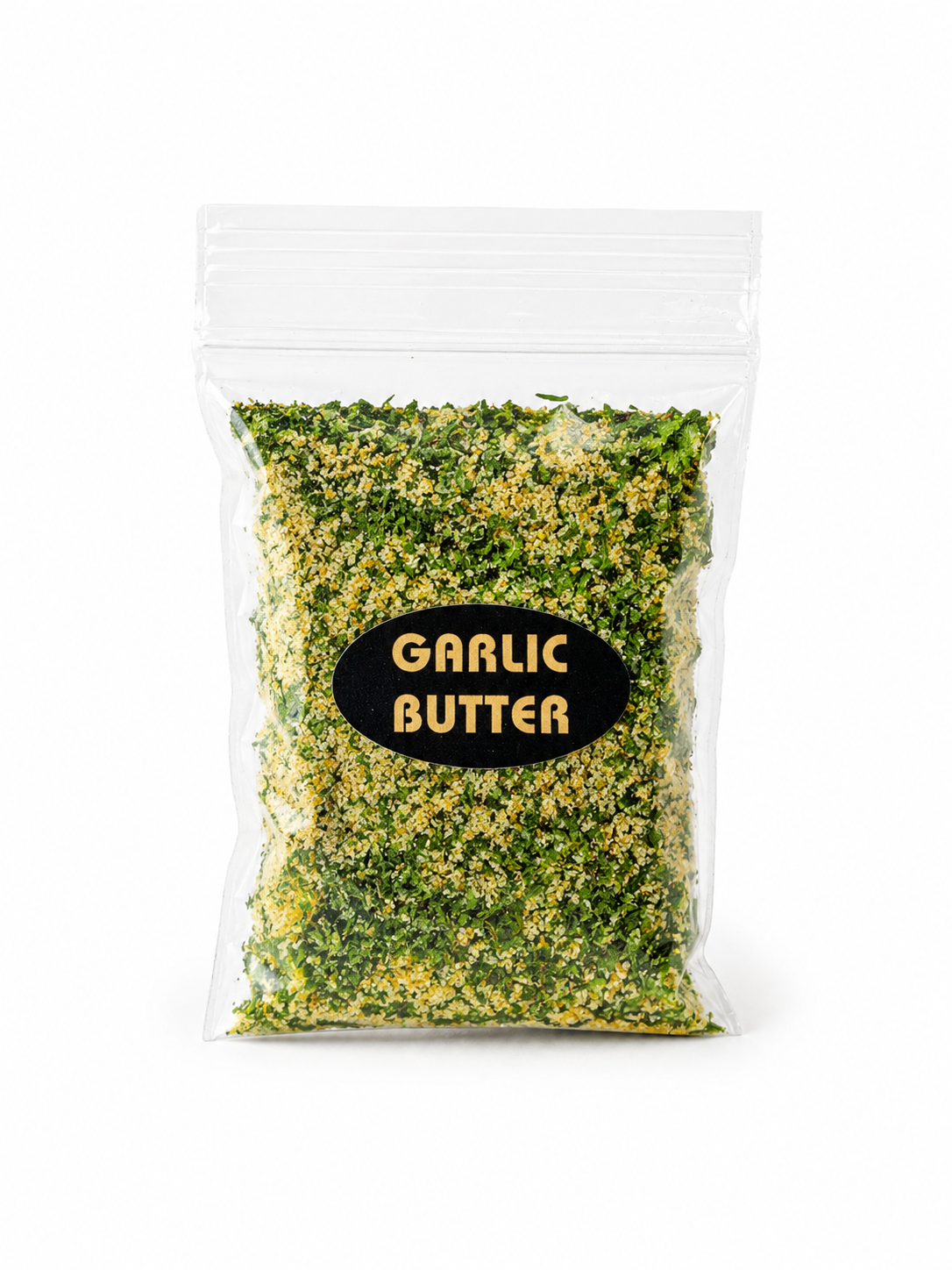 Packaged garlic butter with a clear front on a white background