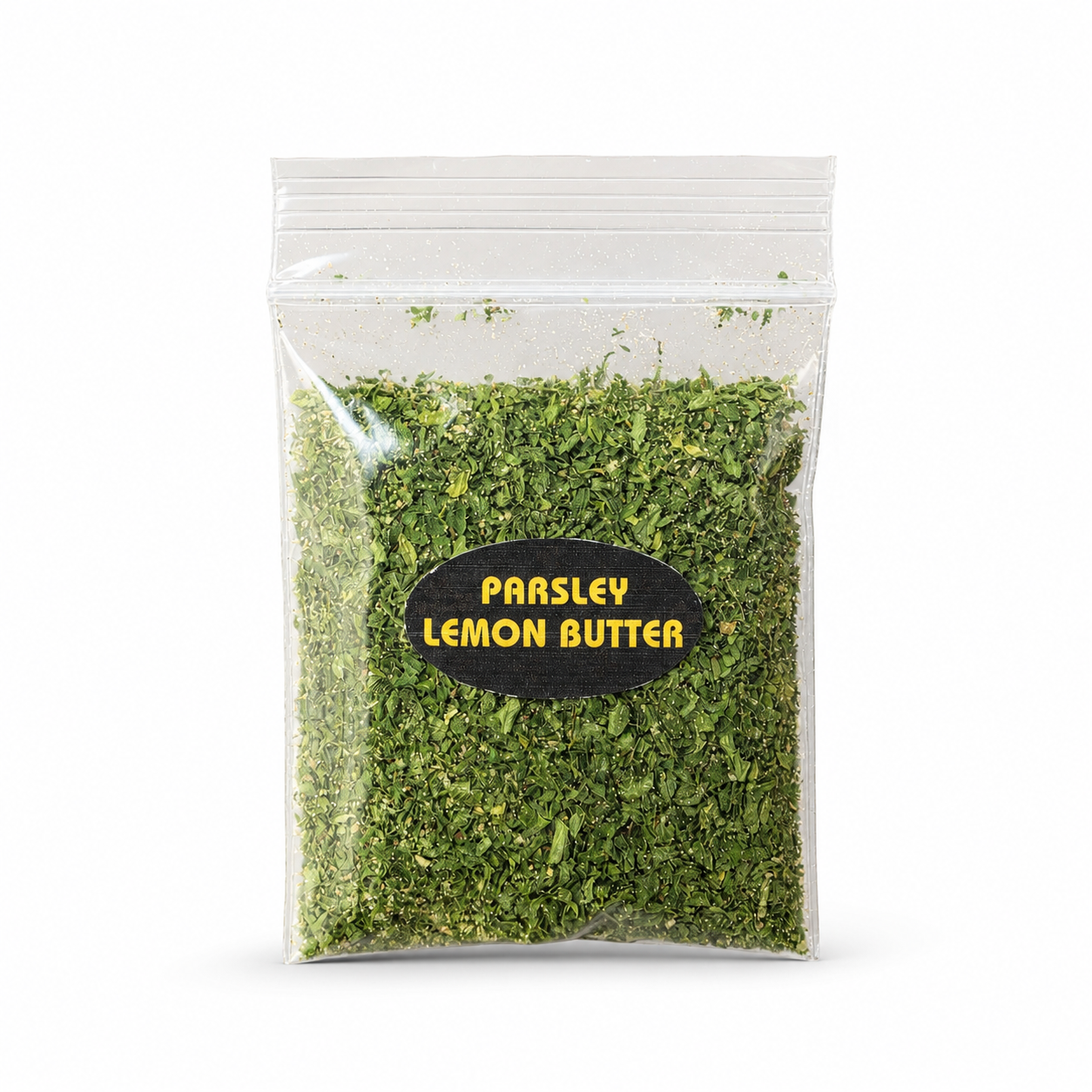 Clear package of parsley lemon butter on a white background