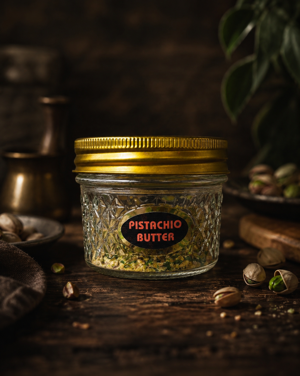 Jar of pistachio butter with a gold lid on a wooden surface.