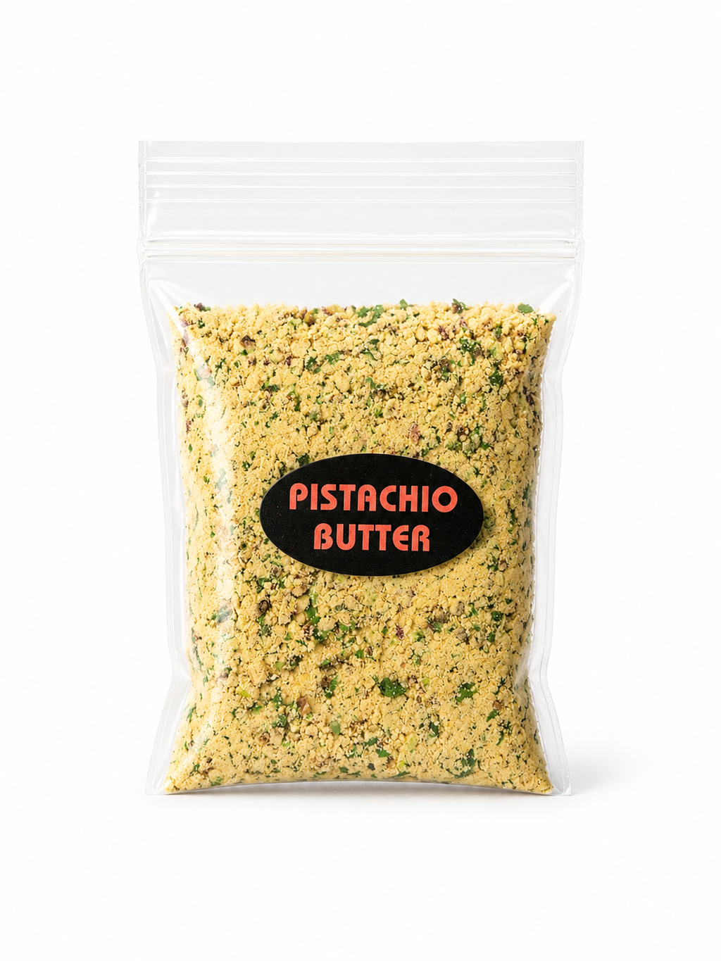 Packaged pistachio butter with a clear label on a white background