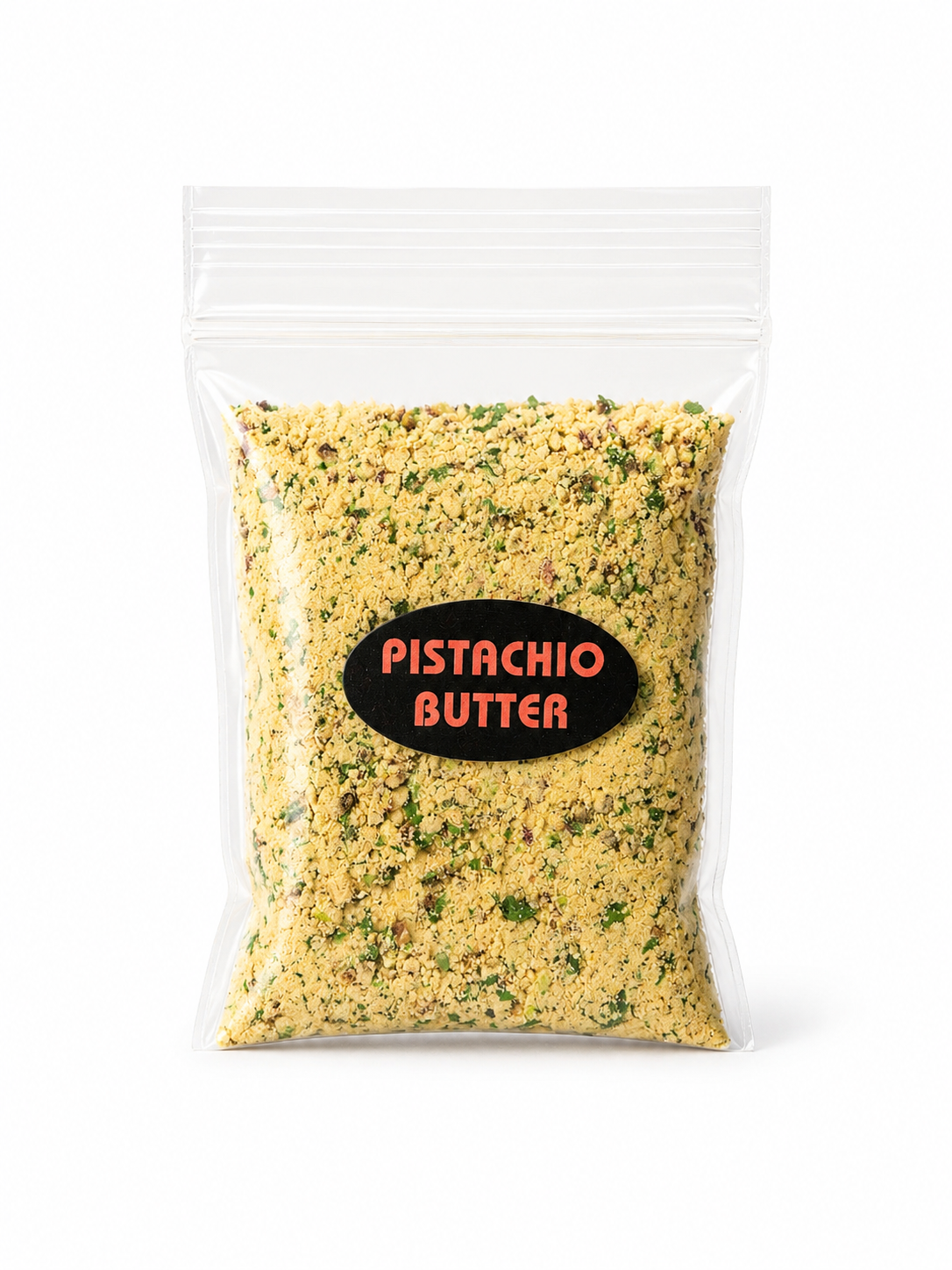 Packaged pistachio butter with a clear label on a white background