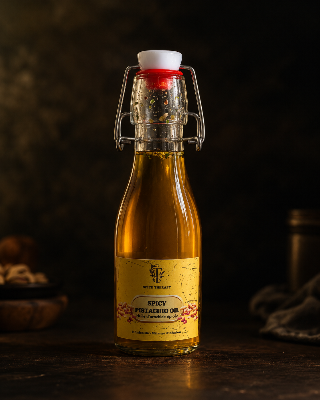 Bottle of spicy pistachio oil with a dark background