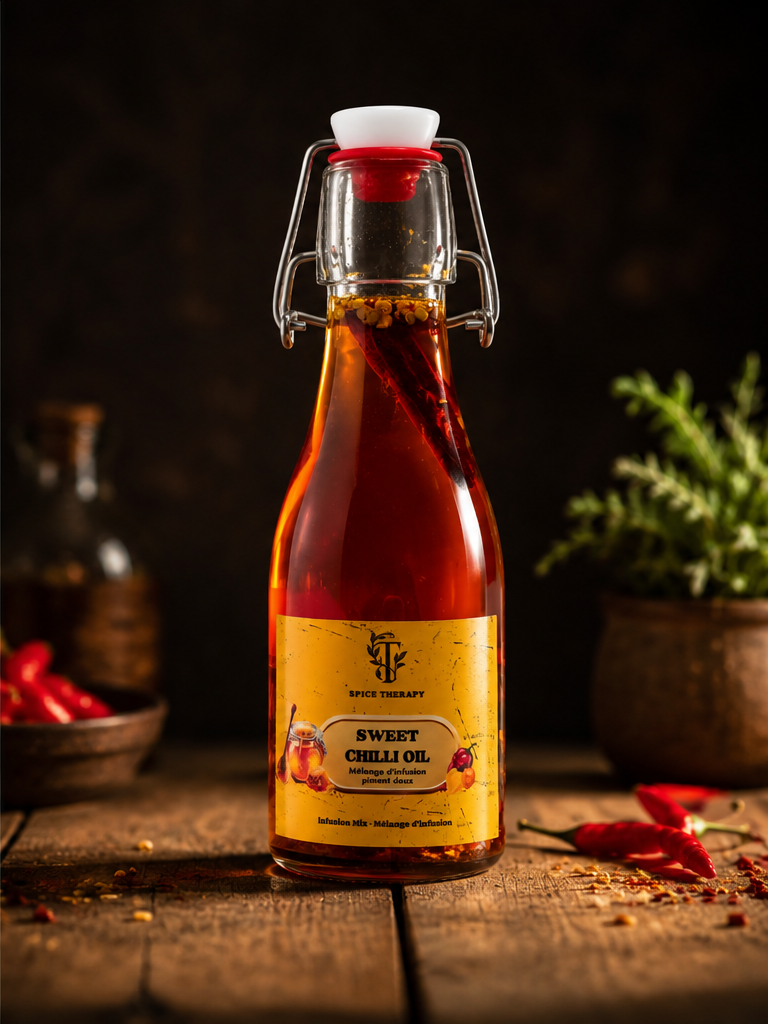 Bottle of Sweet Chilli Oil on a wooden surface with a dark background